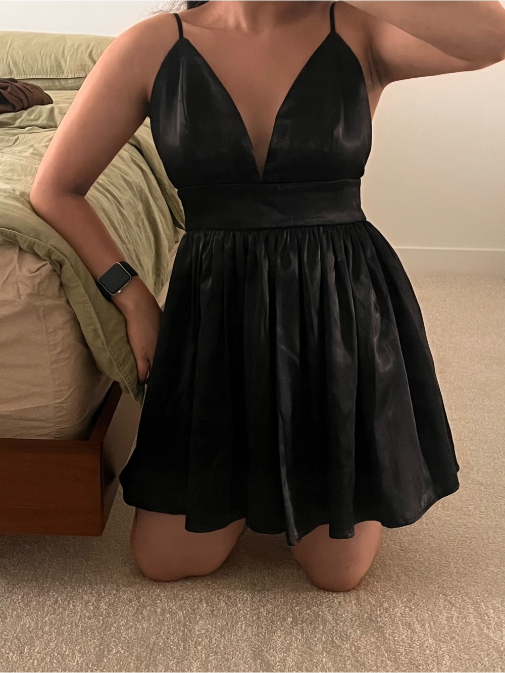 SHEIN Black Satin Plunge Mini Dress